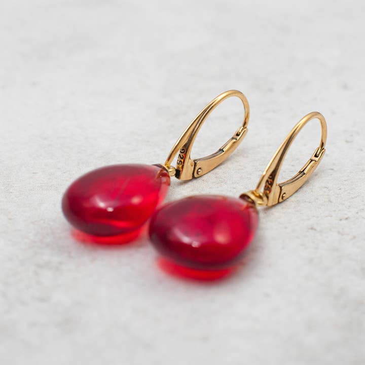 Amber Charm - Wholesale Dangle Earrings - Teardrop Red Amber Earrings Ruby Baltic Amber Earrings Gold