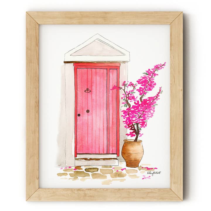 Mykonos Pink Door, Greece, Travel Watercolor Wall Art for wholesale by KelseyMDesigns