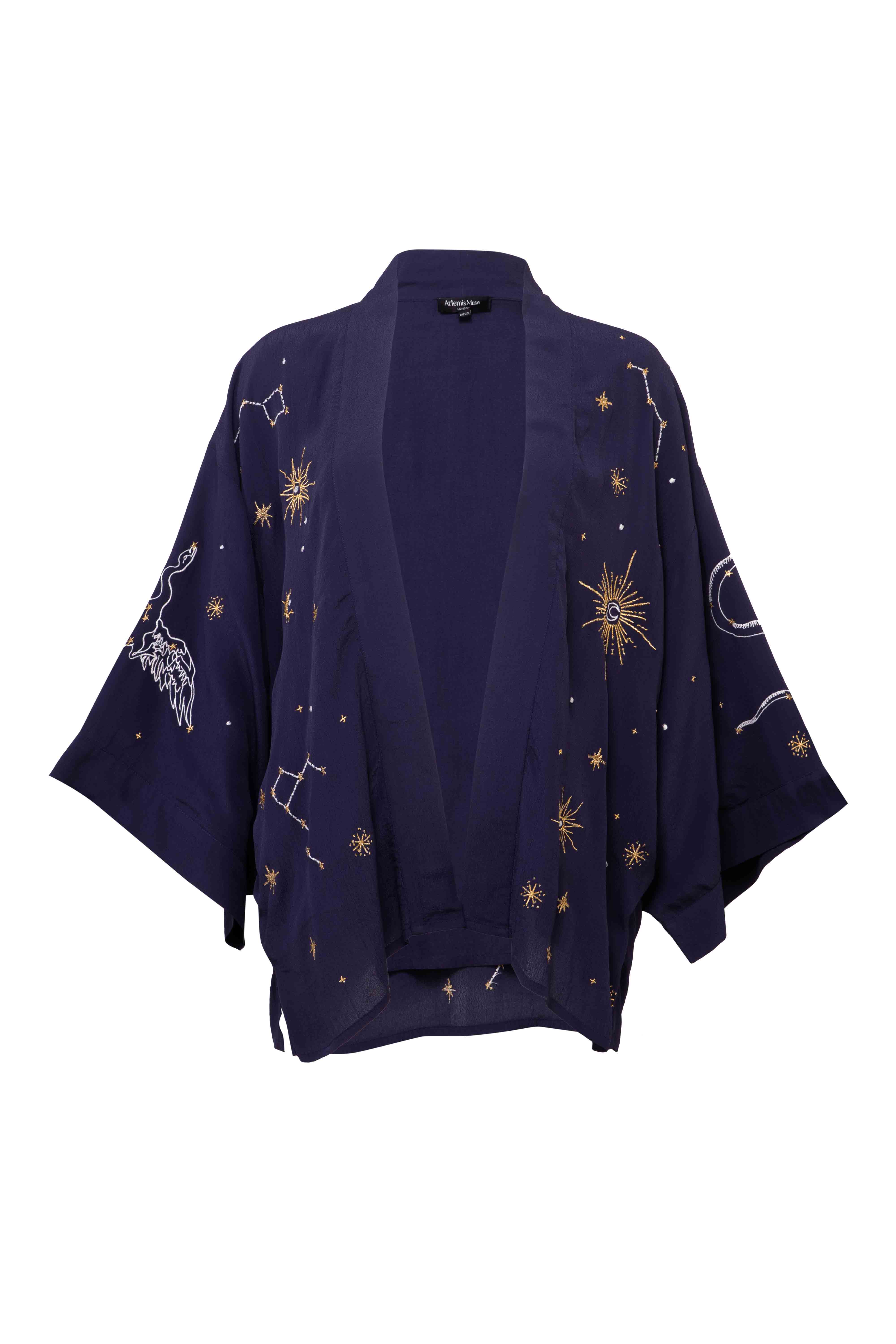 Artemis Muse – wholesale Kimono – Women's – Cosmos Embroidered Navy Blue, Ivory and Gold Fully Lined Short Kimono5