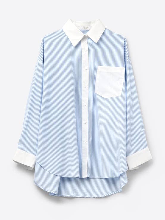 Blau gestreiftes Hemd mit Tasche und weißem Kragen für den Großhandel von Q2—All Orders:Free Duties for the US,UK,and Canada