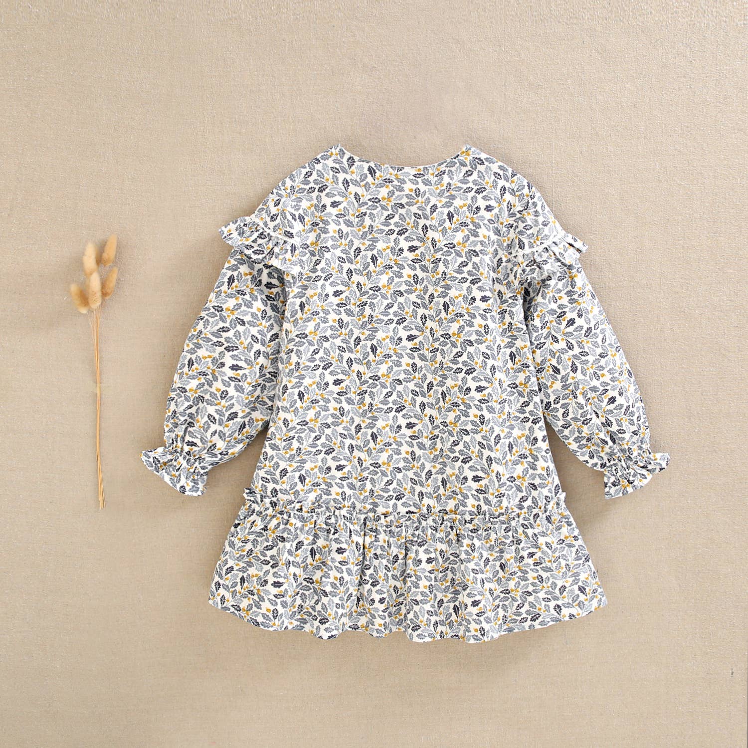 Dadati - Wholesale Dress - Kids - Girl's dress with blue and mustard leaf print3