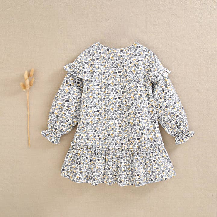 Dadati - Wholesale Dress - Kids - Girl's dress with blue and mustard leaf print3
