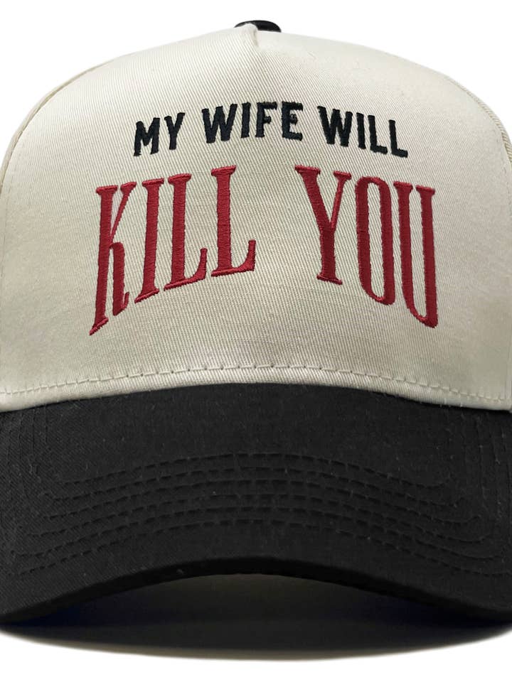 Two Tone Cap - My Wife Will Kill You - Black/Beige for wholesale by Funky Junque