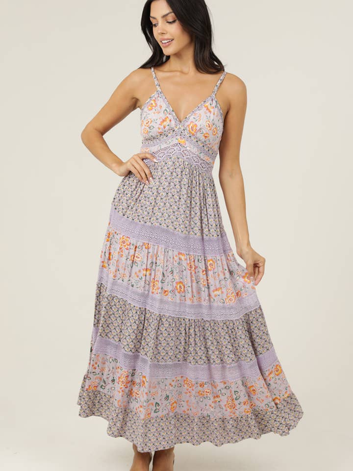 C4J37-A980-A981 V NECK LACE TRIM MIX PRINT MAXI DRESS for wholesale by ANGIE