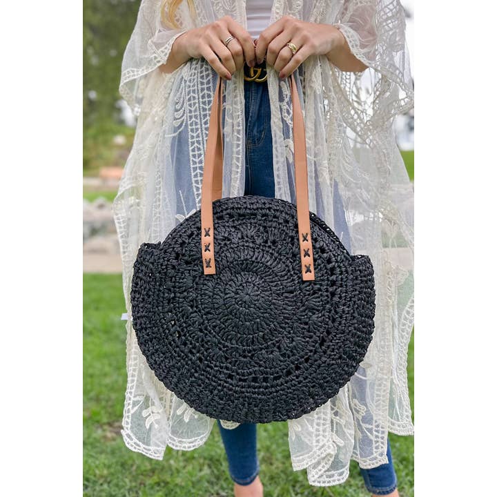 Black Summer Straw Natural Beach Casual Lightweight Tote Bag for wholesale on Faire