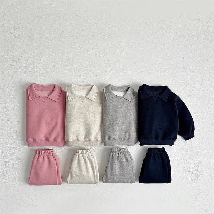 Conjunto de ropa para bebé de otoño unisex casual de color sólido con jersey de manga larga, cuello vuelto y pantalones. para venta al por mayor de MyKids-USA®
