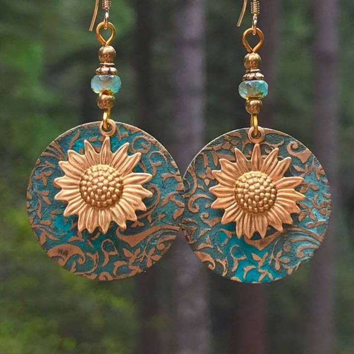 Color separation double layer sunflower retro earrings for wholesale on Faire