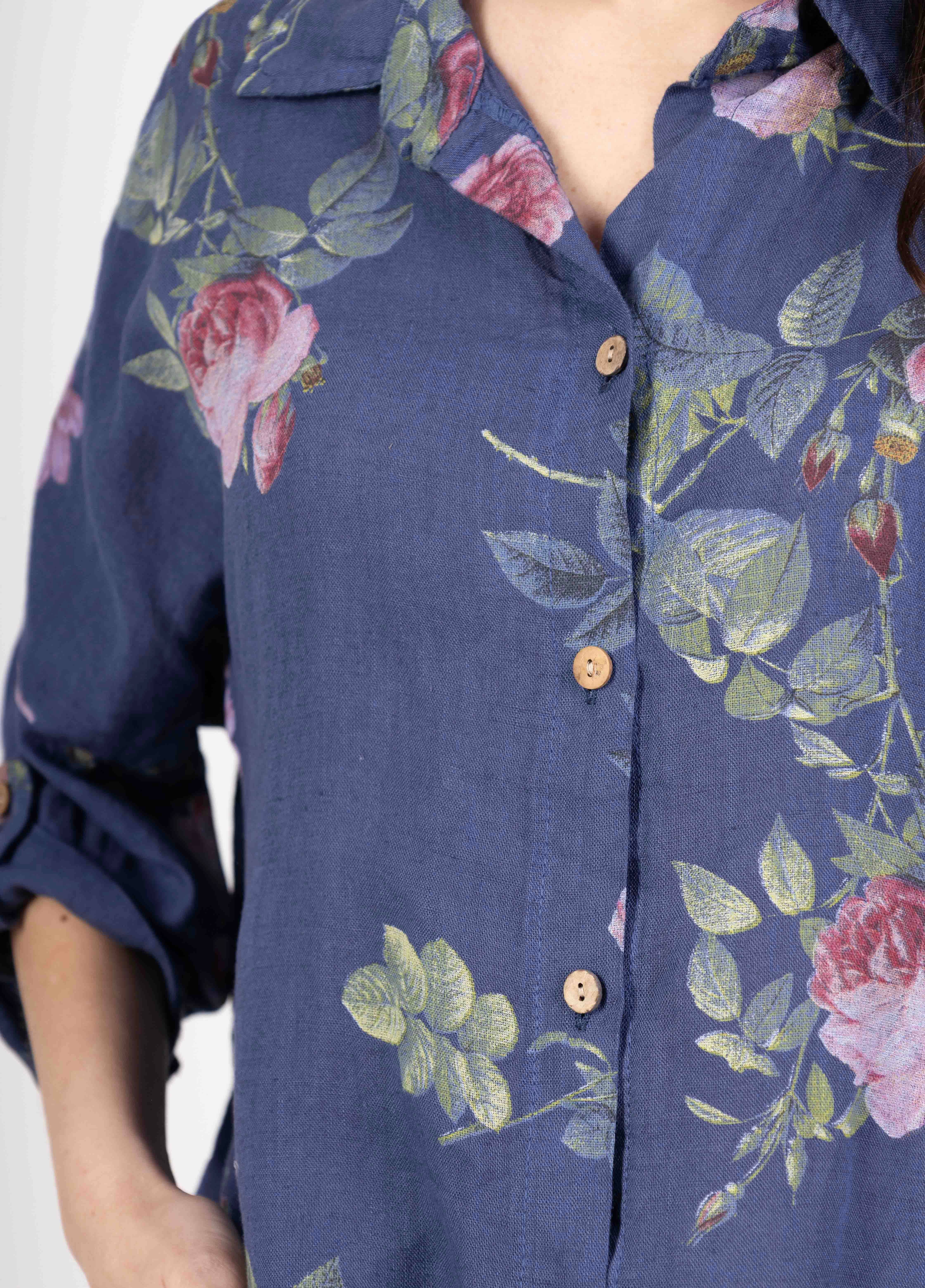 LINEN & COTTON HOUSE – Engroshandel Skjorte med buttondown – til kvinder – Tunika i 100% hør med blomsterprint 52358