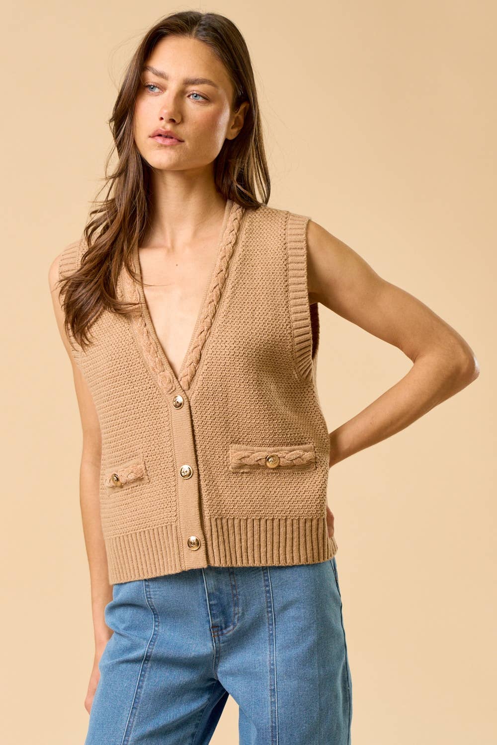 Lalavon - Vente Pull sans manches – femme - Gilet sans manches à boutons dorés ILT57640
