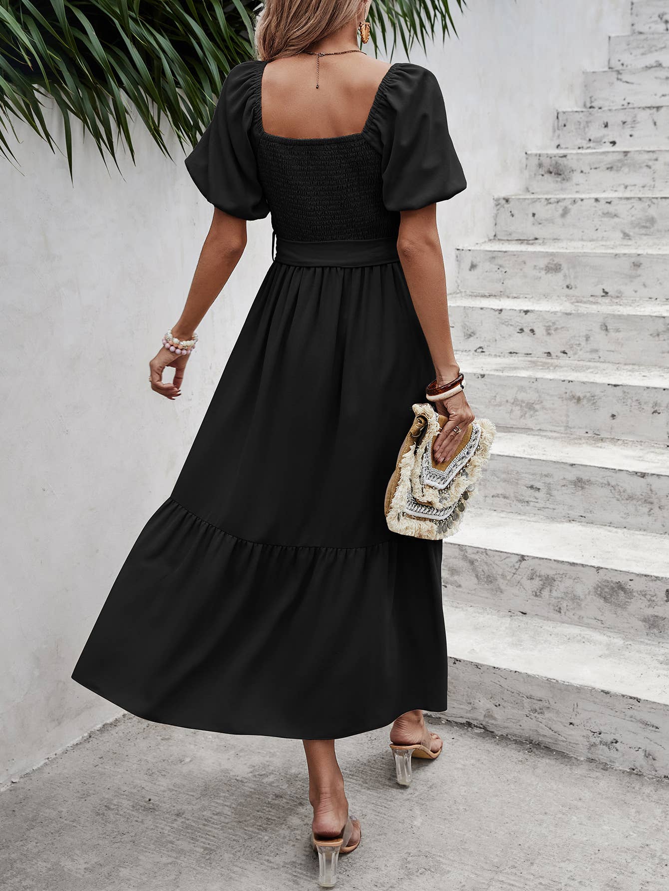 eLook - Wholesale Jurk - Dames - SZ1-DR1008 Midi-jurk met haakdetails en pofmouwen en riem17