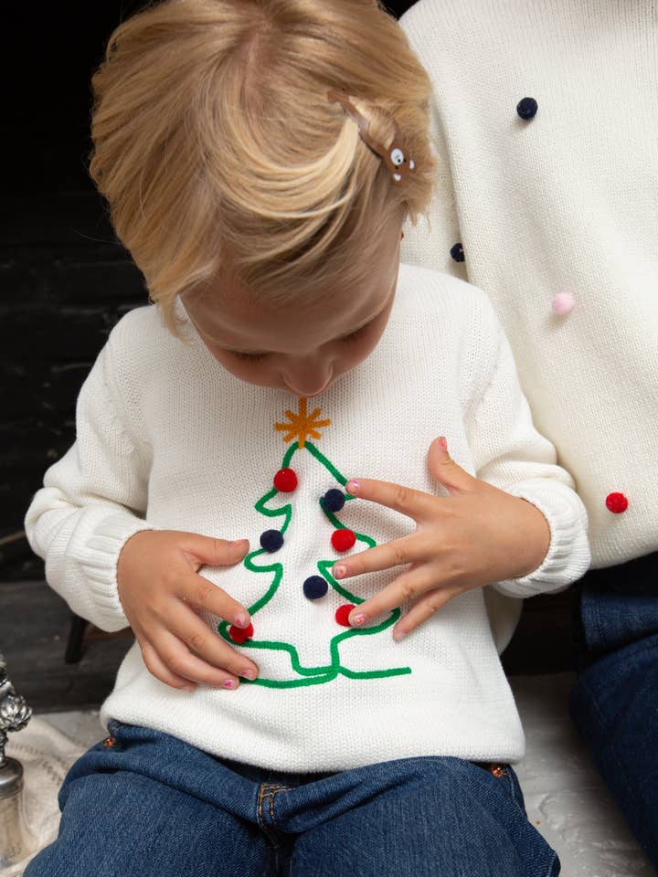 Kids Tree Doodle Crew Neck Sweater in Ivory for wholesale by Duffield Lane