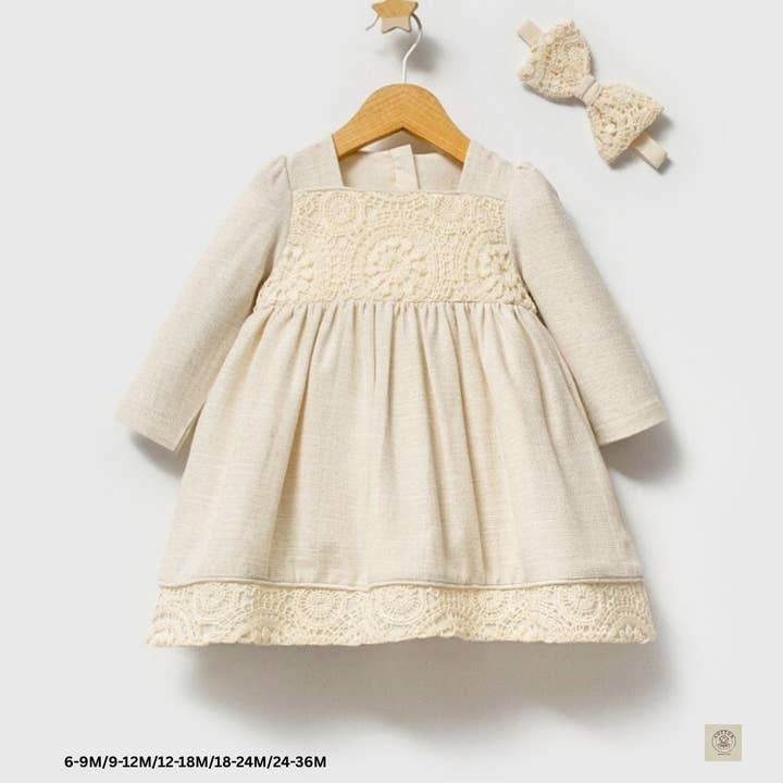 Vintage naturlig babysæt med kjole og pandebånd (6-24 måneder) for engroshandel hos Omnis Pura