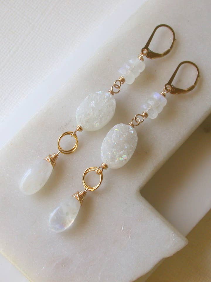 Moonstone and Druzy Long Statement earrings for wholesale by Linda Trent Jewelry