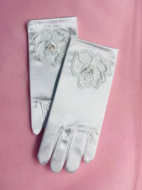 Flower Girl Gloves White Cut Out Sheer Design for wholesale by Lace and Grace Veils