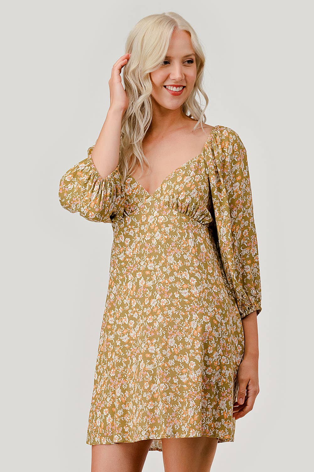 Olive Combo Floral Casual Mini Dress, WD62070 for wholesale on Faire7
