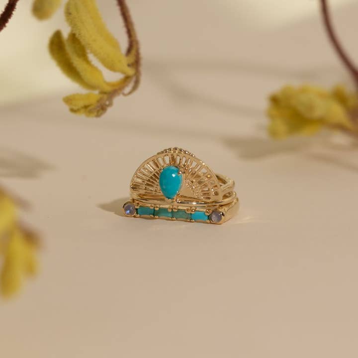 Studio Grun - Wholesale Multi-Stone Ring - Cha Cha Ring in Turquoise + Moonstone/Gold5
