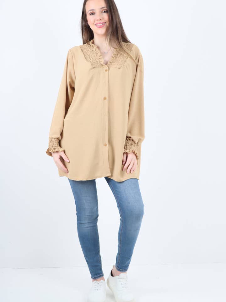 Italiensk skjortet V-hals langærmet tunika-top for engroshandel hos Miss Bold