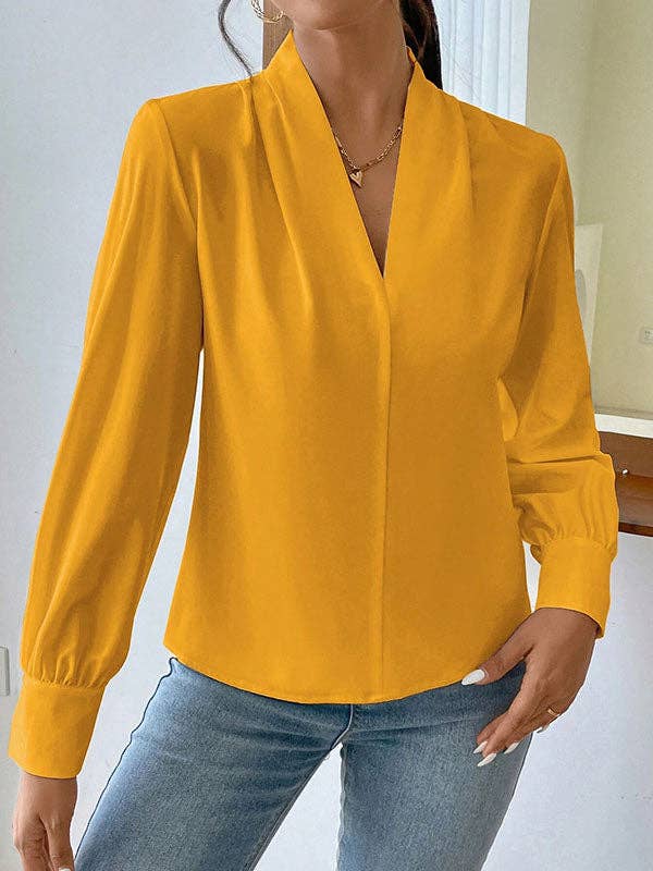 Sheer Trend - Vente Chemisier – femme - Blouses et chemises amples et plissées à manches longues, couleur unie, à joint fendu et col en V15