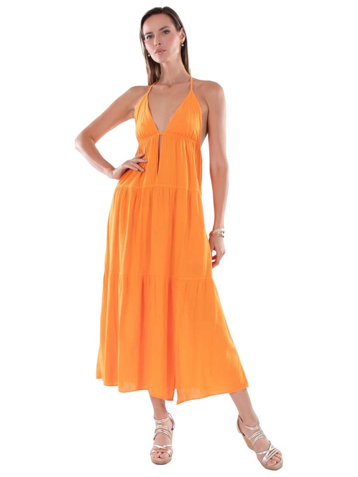 Deep V-Neck Tiered Resort Cotton Dress - Orange for wholesale by Seaspice Resort Wear