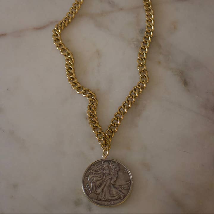 Two Tone Liberty Coin Necklace – 18K Gold Plated Stainless Steel for wholesale by Deep South Originals Inc.