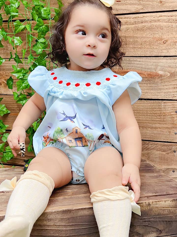 Kids Charm Online - Wholesale Jumpsuit - Baby - BABY BLUE SMOCKED BABY ROMPER W/FARM PRINT. RPG251523020-AMY