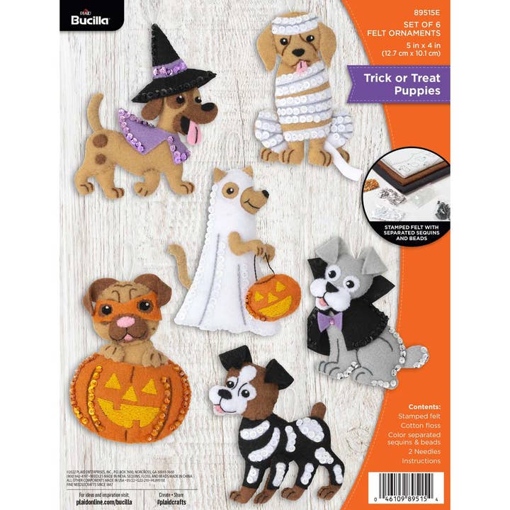Bucilla ® Seasonal Felt Ornaments Kit Trick or Treat Puppies for wholesale by Plaid Crafts