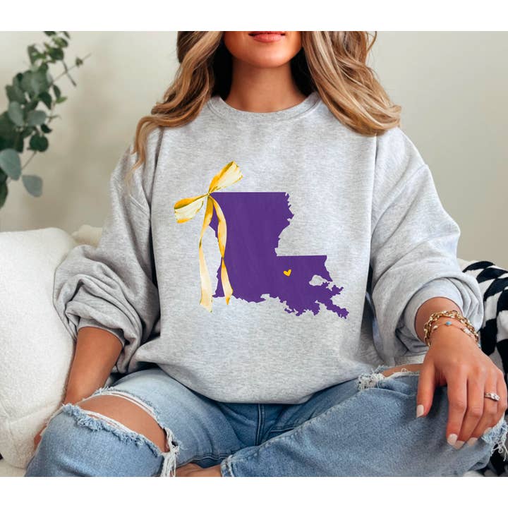 Gia Gifts Boutique - Wholesale Graphic Sweatshirt - Women's - LSU Tigers Coquette Bow State Sweatshirt