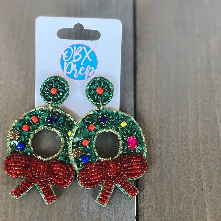 OBX Prep - Wholesale Dangle Earrings - Christmas Wreath Seed Beaded Earrings