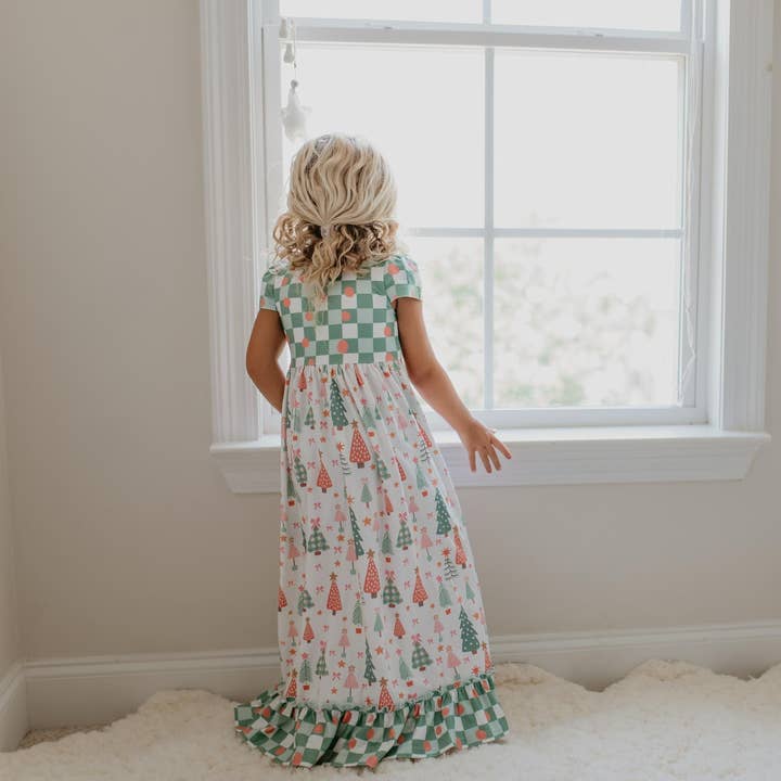 Oopsie Daisy - Wholesale Nightdress - Kids - Kids Christmas Holiday Check Tree Ruffle Lounge Play Gown