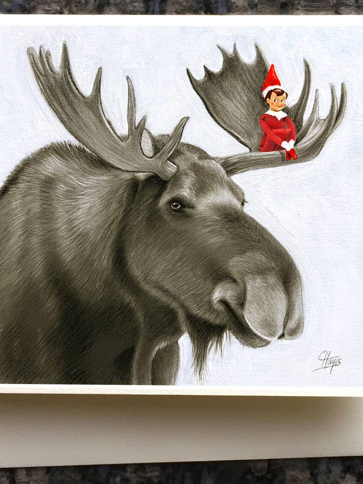 NEW! Christmas card: Elf on the Moose for wholesale by Colin Hayes Art