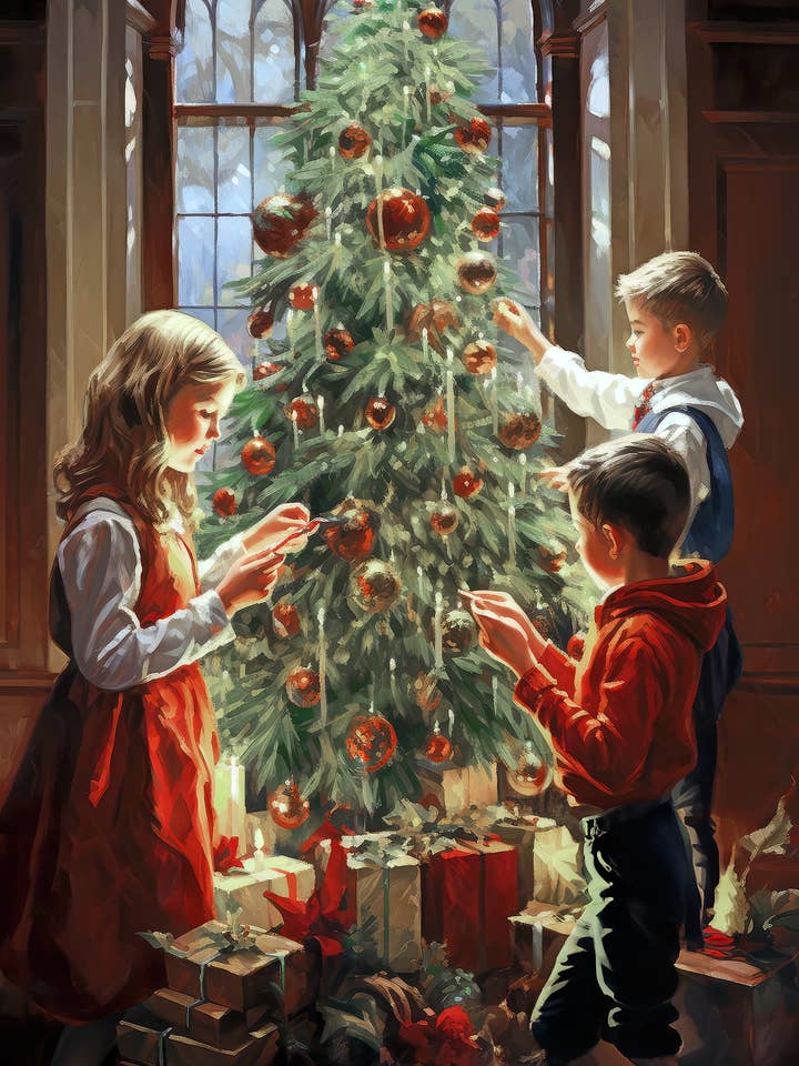 Classic Christmas Trimming the Tree for wholesale by Singing Crow Studio - Classic Christmas Art Prints