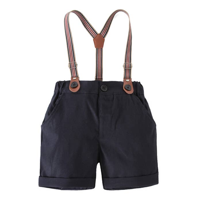 Navy Blue Classic Boy Cotton Chino Shorts with Suspenders for wholesale by Fennco Styles
