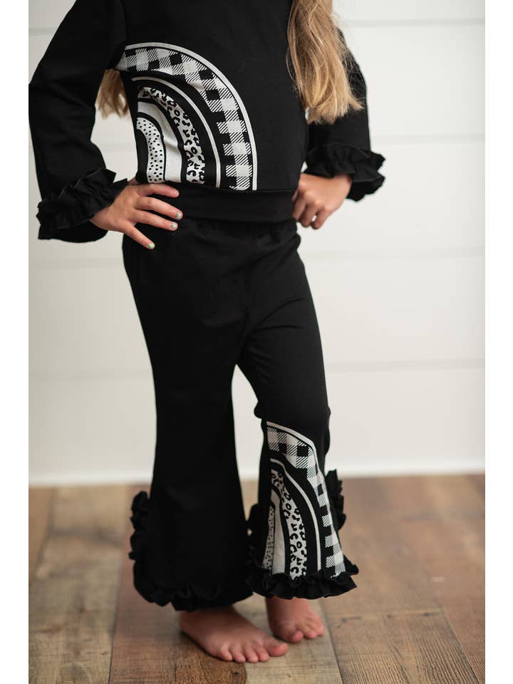 Oopsie Daisy - Wholesale Top & Pant Set - Kids - Kids Black & White Rainbow Check Hooded Ruffle Pocket Set