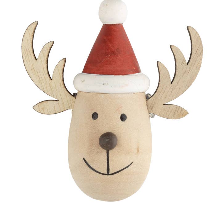 A42124: Wood rdeer,painted wood antlers,red hat orn,3in for wholesale by Silver Tree Home & Holiday
