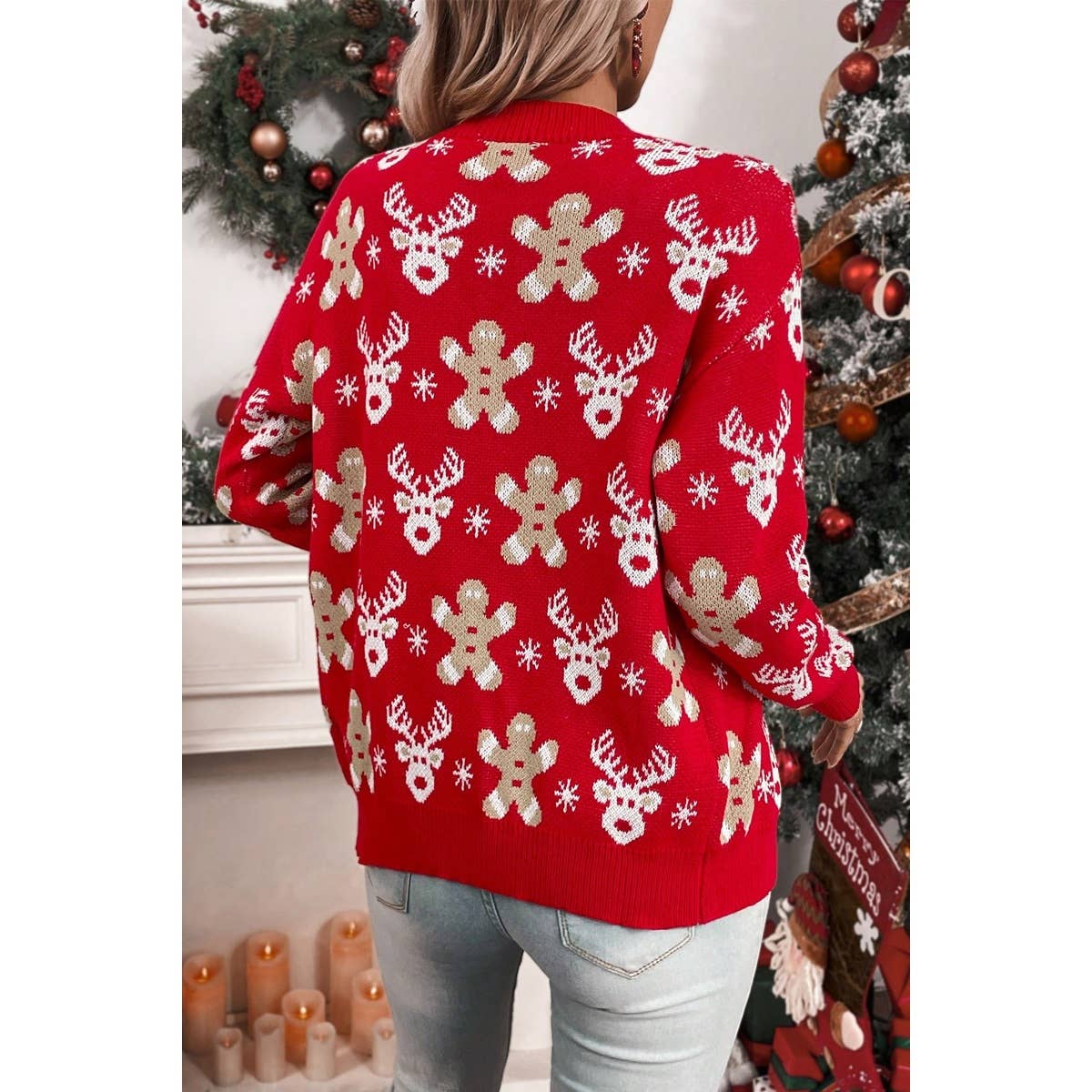 RED Elk Gingerbread Man Snowflake V Neck Cardigan for wholesale on Faire2