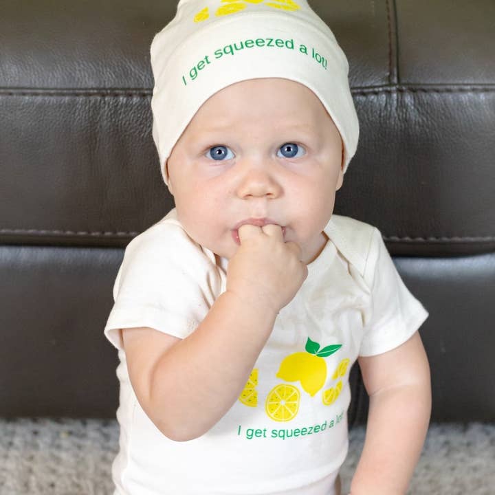 Organic cotton baby romper and beanie hat. Lemon. for wholesale by Simply Chickie® Organic Baby & Kids | USA Made • Ships USA