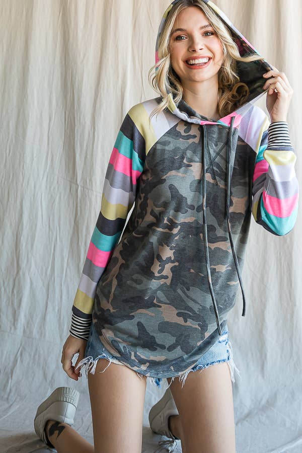 7th Ray - Wholesale Hoodie - Women's - Camo Print Stripe Raglan Sleeve Drawstring Hoodie T45494