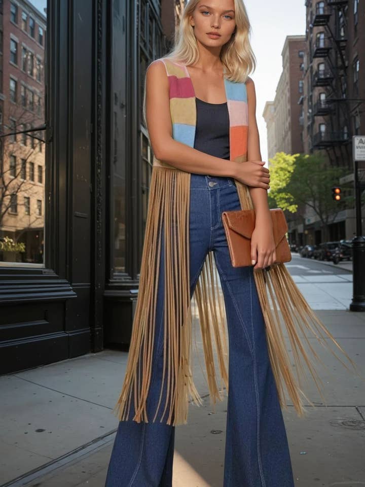 MAXI COLORBLOCK SUNRISE FAUX SUEDE VEST W6312JIB TAN for wholesale by WISTERIA LANE