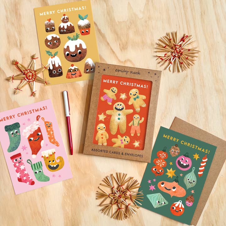 Christmas Funny Faces Multipack x 8 Cute Holiday Cards for wholesale by Emily Nash Illustration Greeting Cards