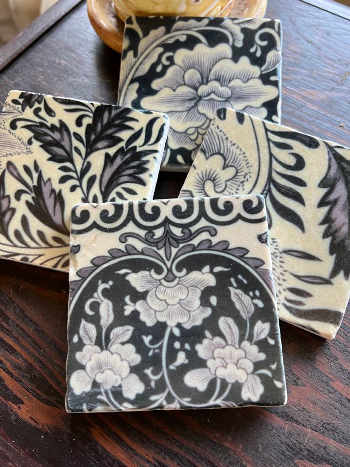 Ivory and Black Floral stone coasters - case of 4 for wholesale by The Painted Lily