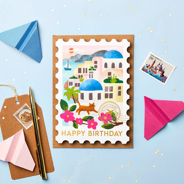 Santorini Stamp Birthday Card| Travel Themed Cards for wholesale by Stormy Knight