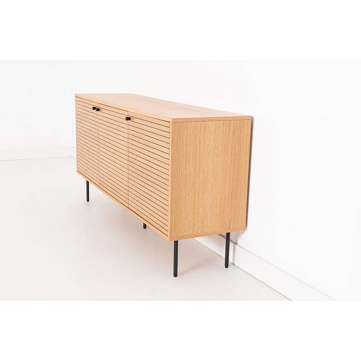 Gdeco - Wholesale Sideboard - Nela Sideboard, Oak Veneer And Black Dm, Black Metal Legs.3