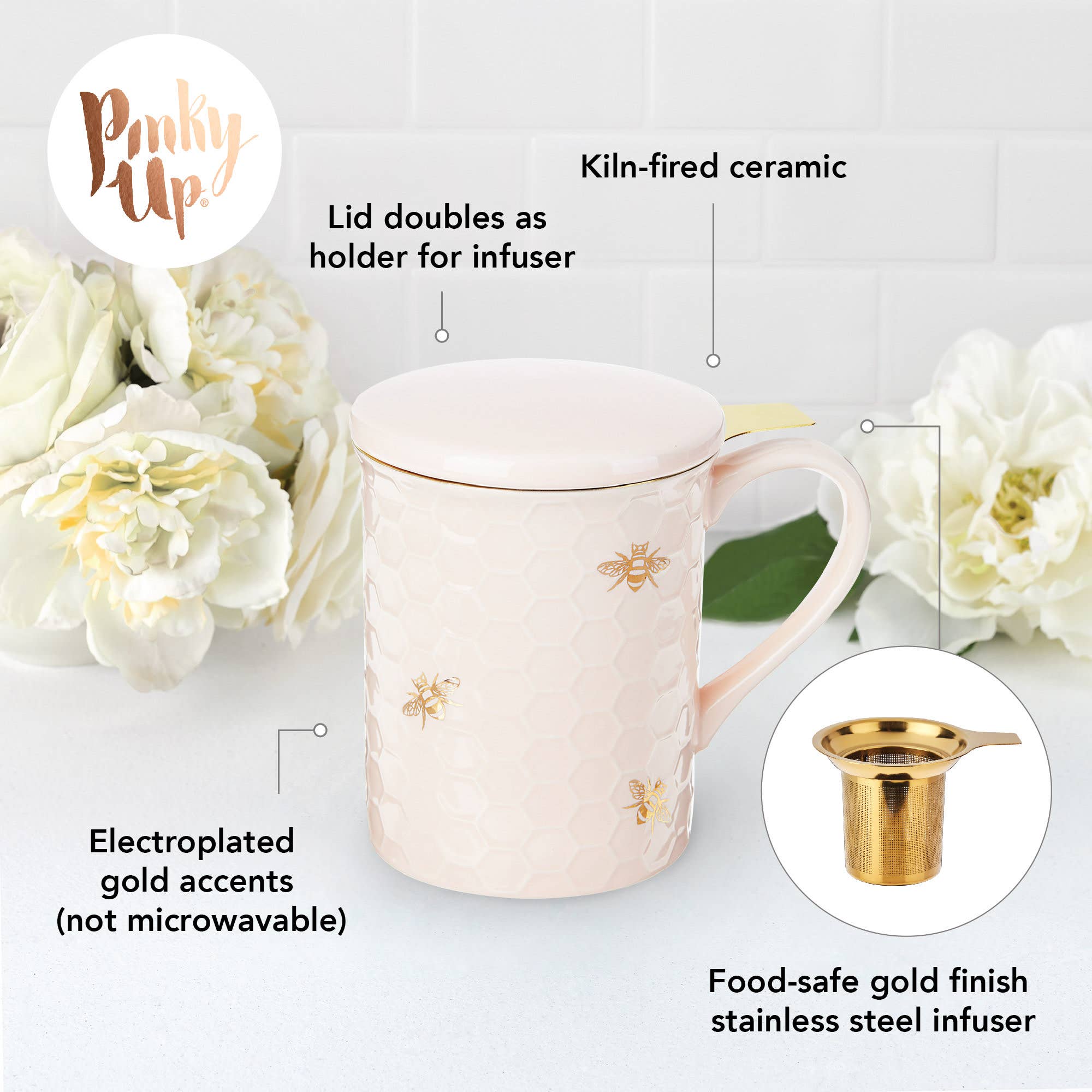 Pinky Up - Wholesale Coffee Mug - Annette™ 3D Ceramic Mug with Infuser Honeycomb Bee Happy4