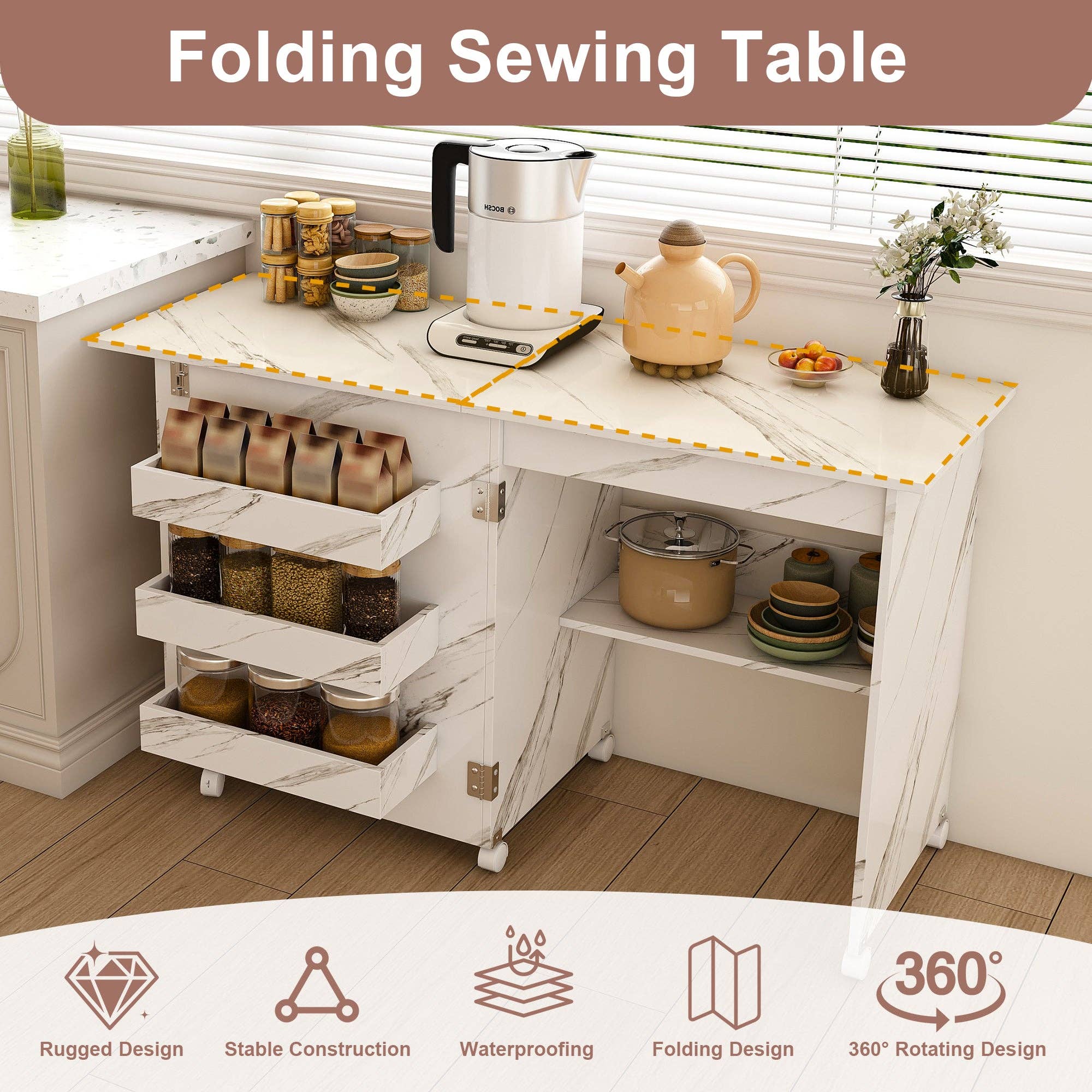 39F Inc. - Wholesale Craft Supplies - 4-in-1 Folding Sewing Table w/Lockable Wheels (White MDF)15