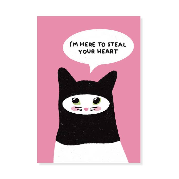 Here To Steal Your Heart - Cat Love Card for wholesale by Ella Goddard