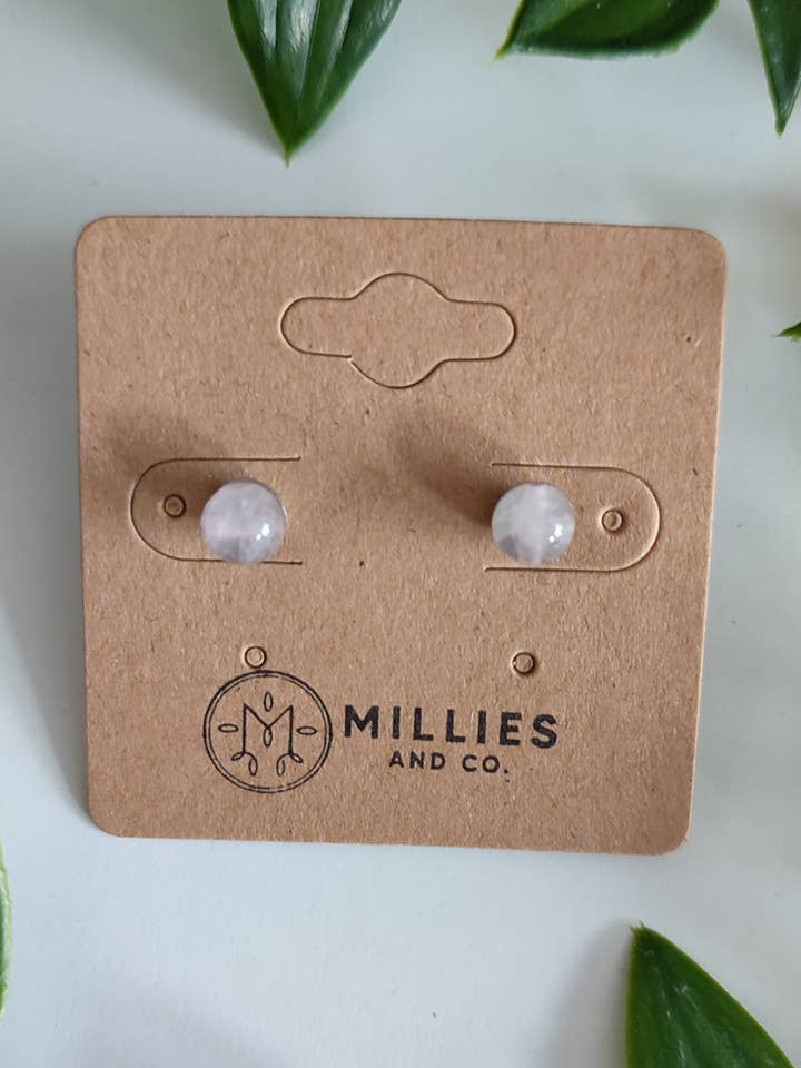 Natural rose quartz stud earrings for wholesale by Millies and co.
