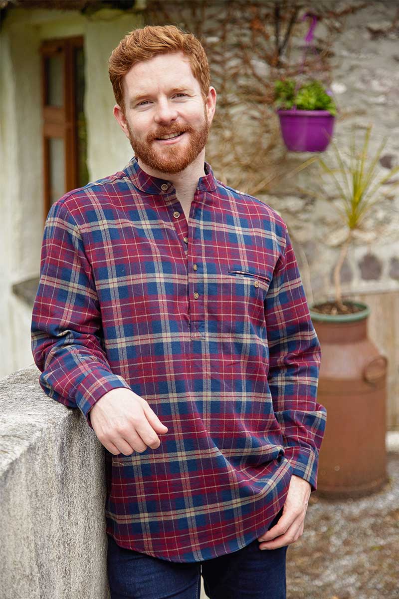 Lee Valley Ireland - Wholesale Button Down Shirt - Men's - Grandfather Shirt Flannel Maroon Navy Check (LV10)