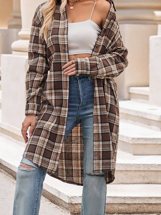 UNISHE - Wholesale Shirt Jacket/Shacket - Women's - Plaid Button Up Long Length Blouse Jacket MD10016