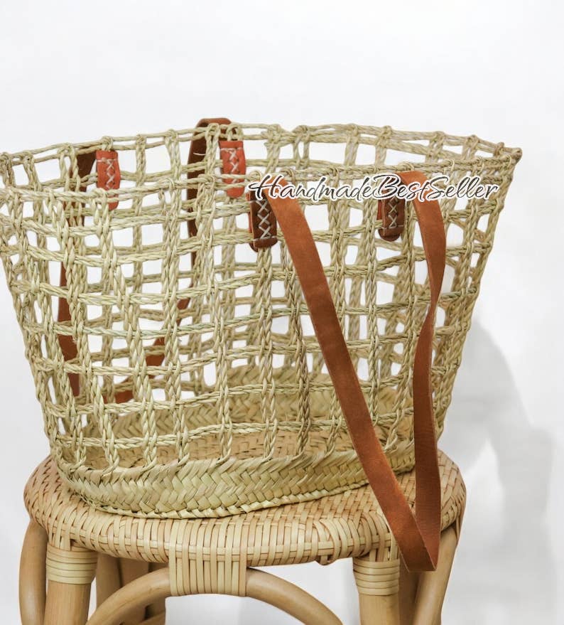 HandmadeBestSeller - Wholesale Basket - Handmade Open-Weave Straw Tote with Leather Straps
