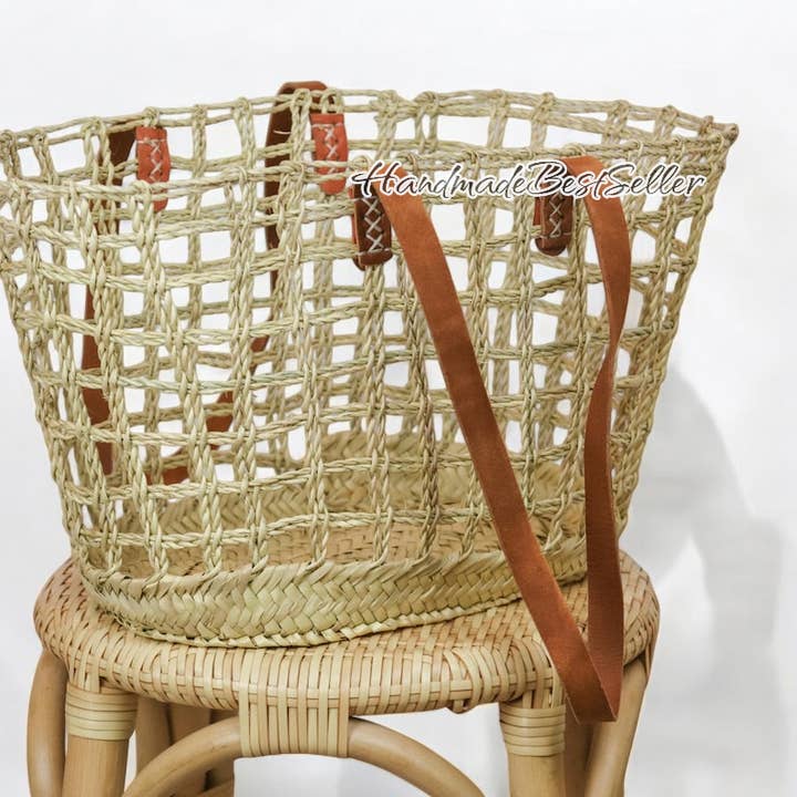 HandmadeBestSeller - Wholesale Basket - Handmade Open-Weave Straw Tote with Leather Straps
